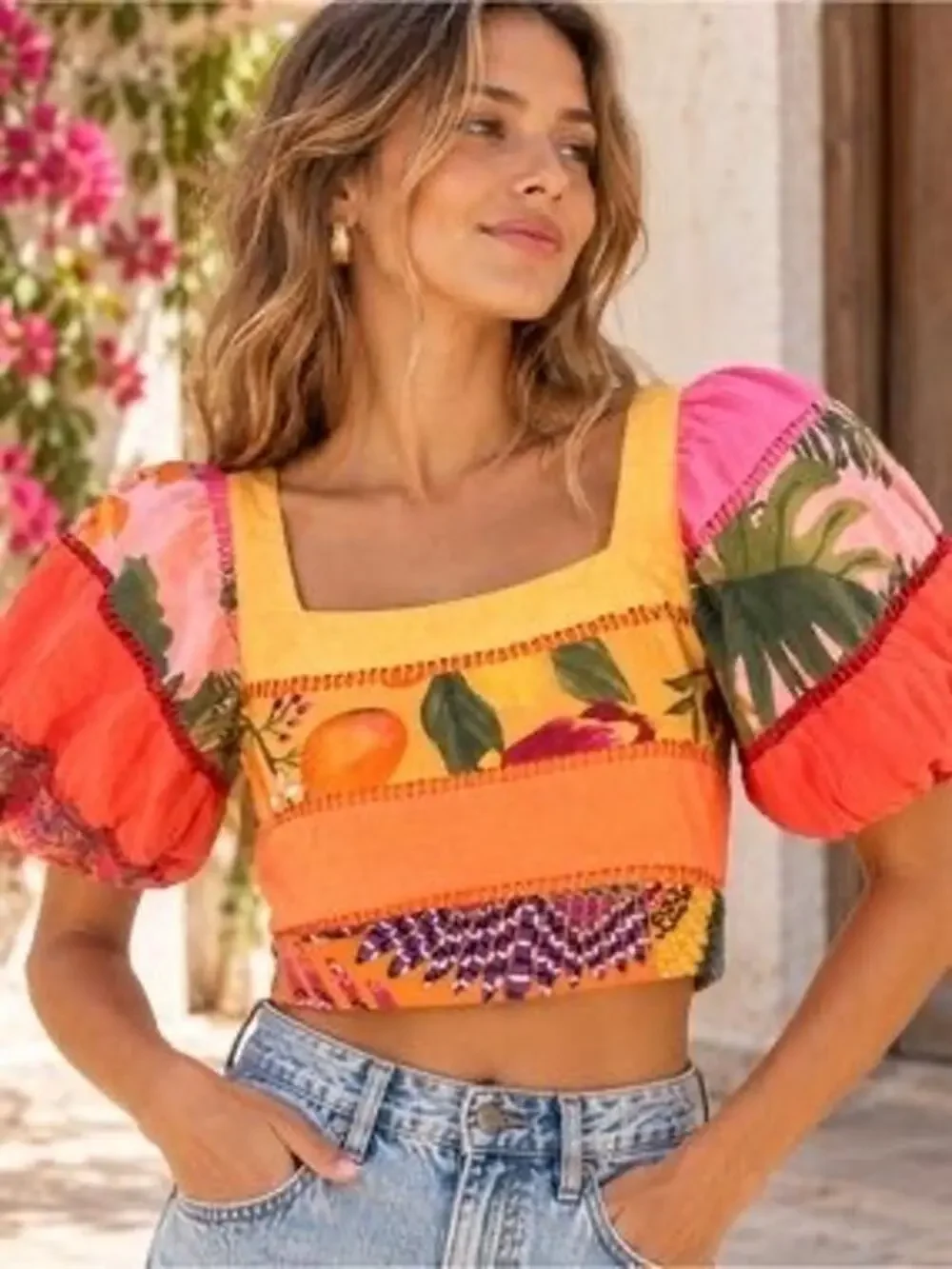 Farm Rio rainbow mixed prints crop top size small